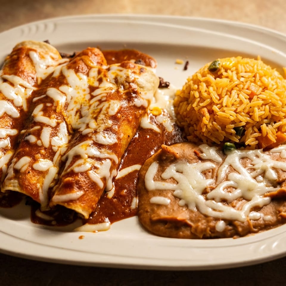 Three enchiladas covered in red sauce and melted cheese, with a side of rice and refried beans.