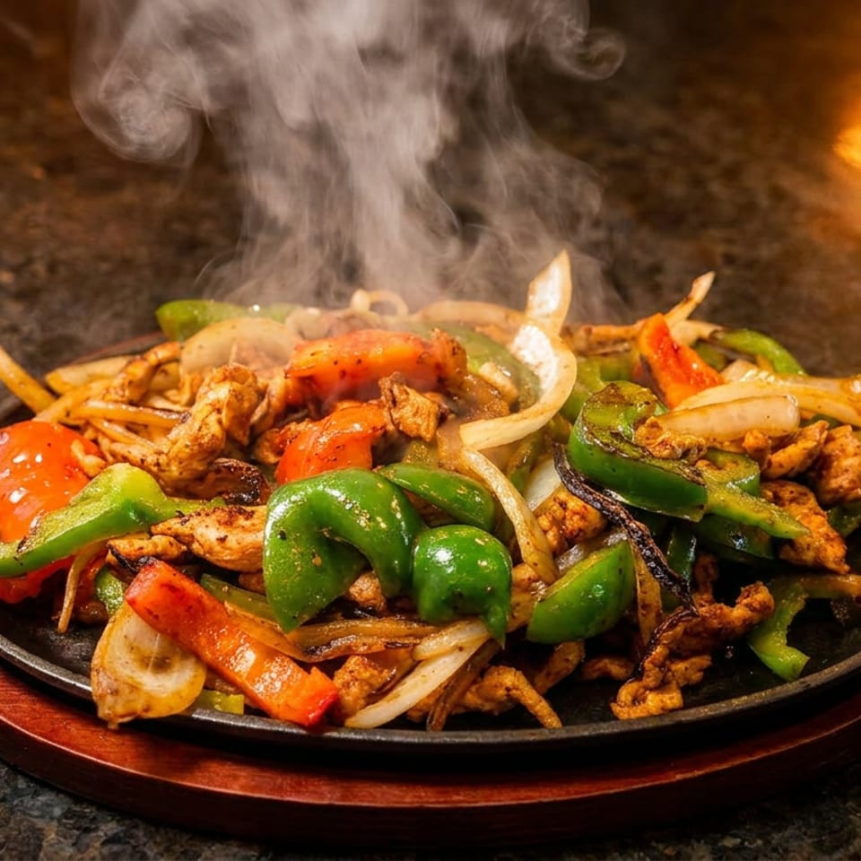 Sizzling chicken fajitas with colorful peppers and onions on a hot cast iron skillet.