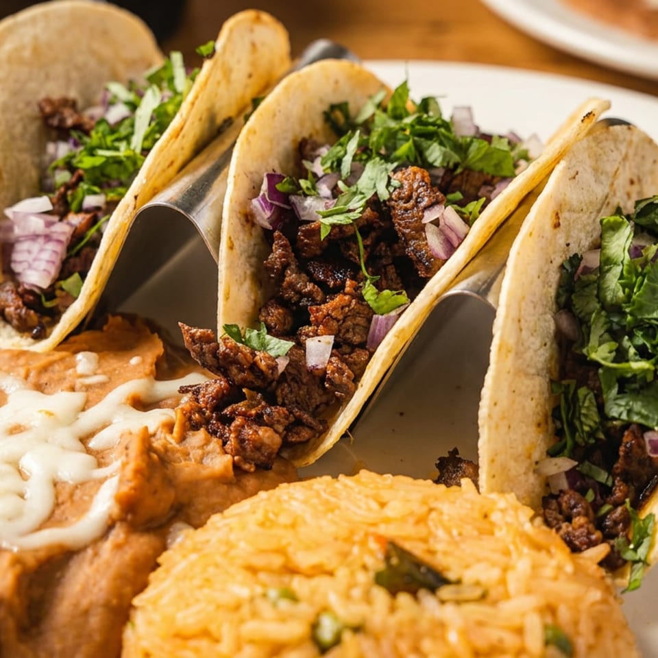 Three beef tacos with cilantro and red onion, served with refried beans and rice.