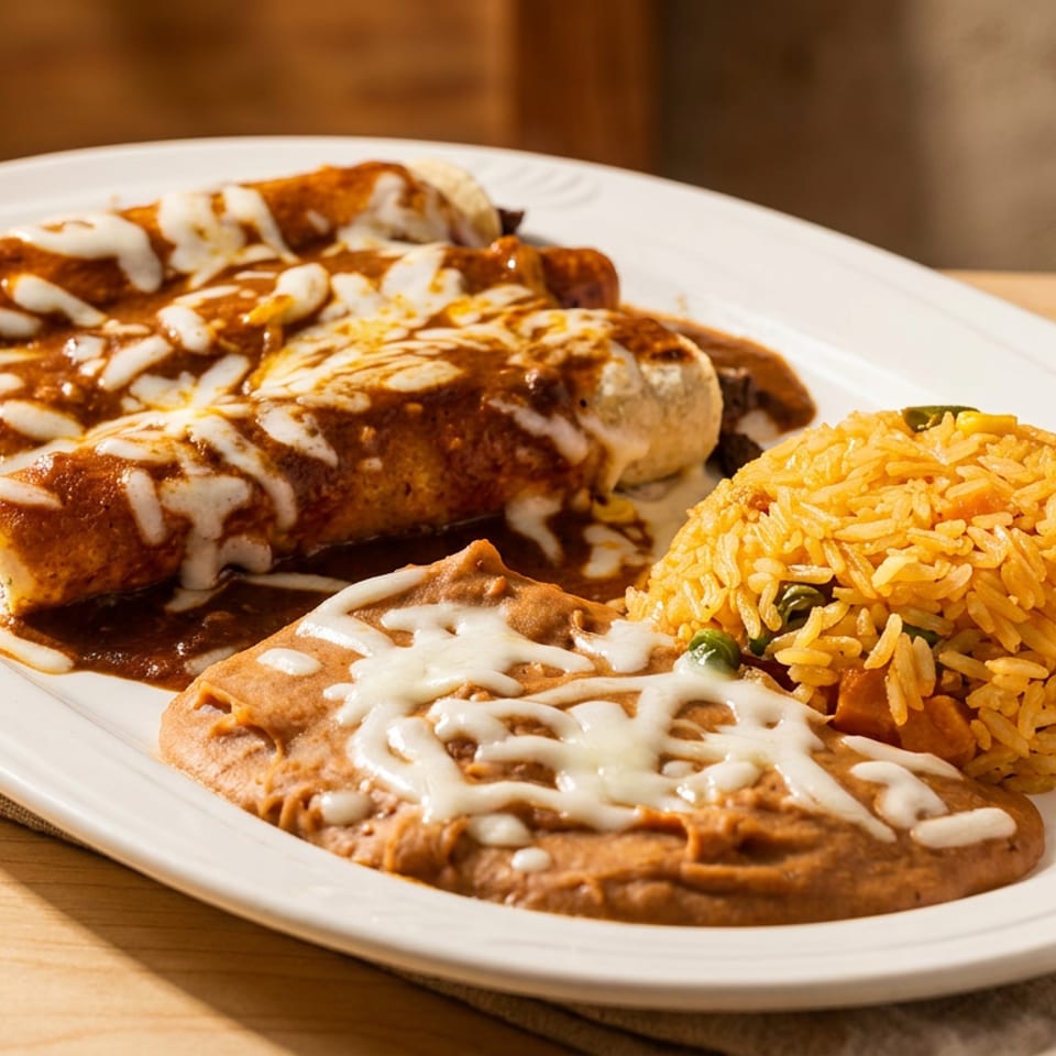 Three enchiladas with sauce and cheese, a scoop of rice, and refried beans on a white plate.