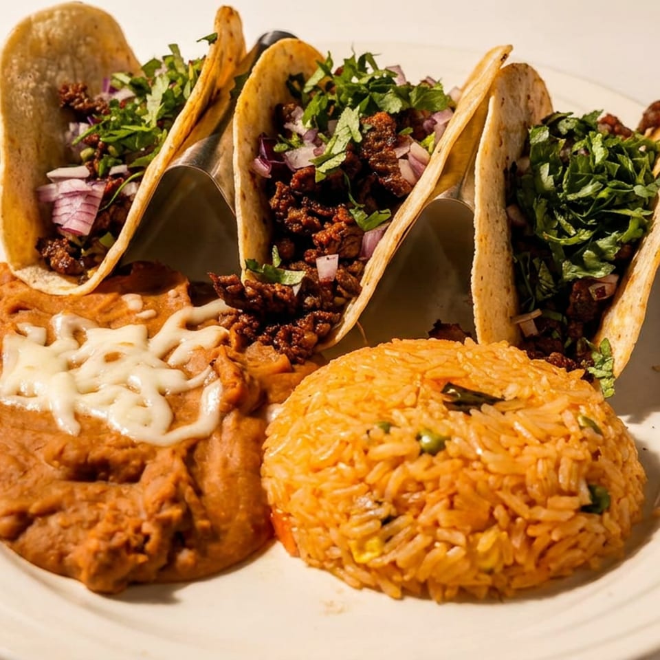 Four tacos with meat, cilantro, and onions, served with refried beans and rice on a white plate.