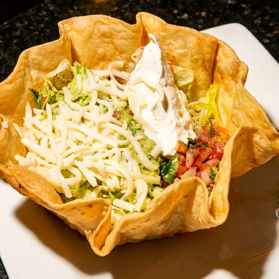 A taco salad in a crispy tortilla bowl, topped with shredded cheese, sour cream, and pico de gallo.