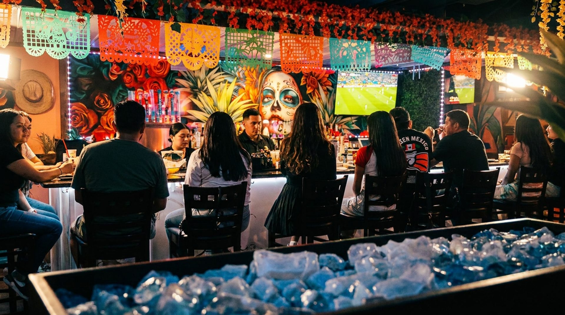 Día de los Muertos murals, neon glow