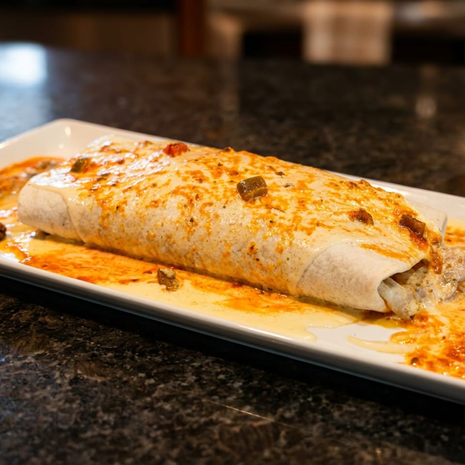 A large, cheesy burrito covered in red and white sauce, with jalapeños, on a white plate.